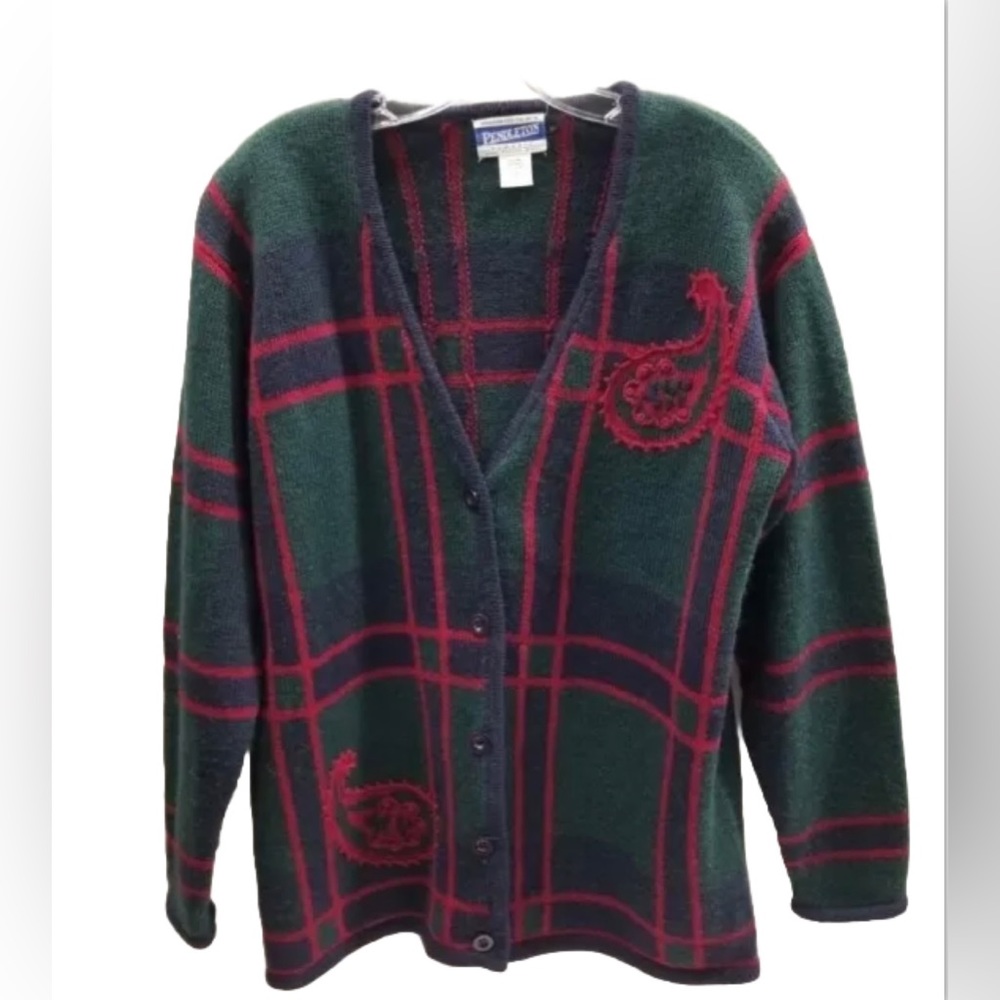 Vintage Women's Pendleton Sweater Navy & Red & Green 100% Wool Cardigan Large